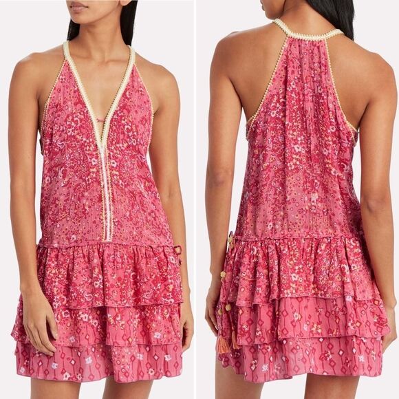 Sz M Poupette St Barth Pink Bety Mini Ruffle Dress Floral Poupette St. Barth - Picture 2 of 8